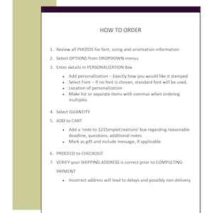 May include: A guide on how to order personalised items. The guide includes steps for reviewing photos, selecting options, entering personalisation details, selecting quantity, adding to cart, proceeding to checkout, and verifying the shipping address.