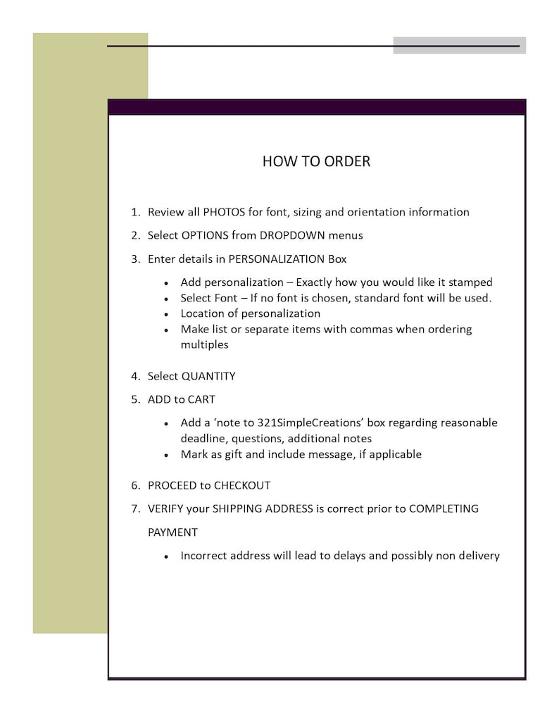 May include: A guide on how to order personalised items. The guide includes steps for reviewing photos, selecting options, entering personalisation details, selecting quantity, adding to cart, proceeding to checkout, and verifying the shipping address.
