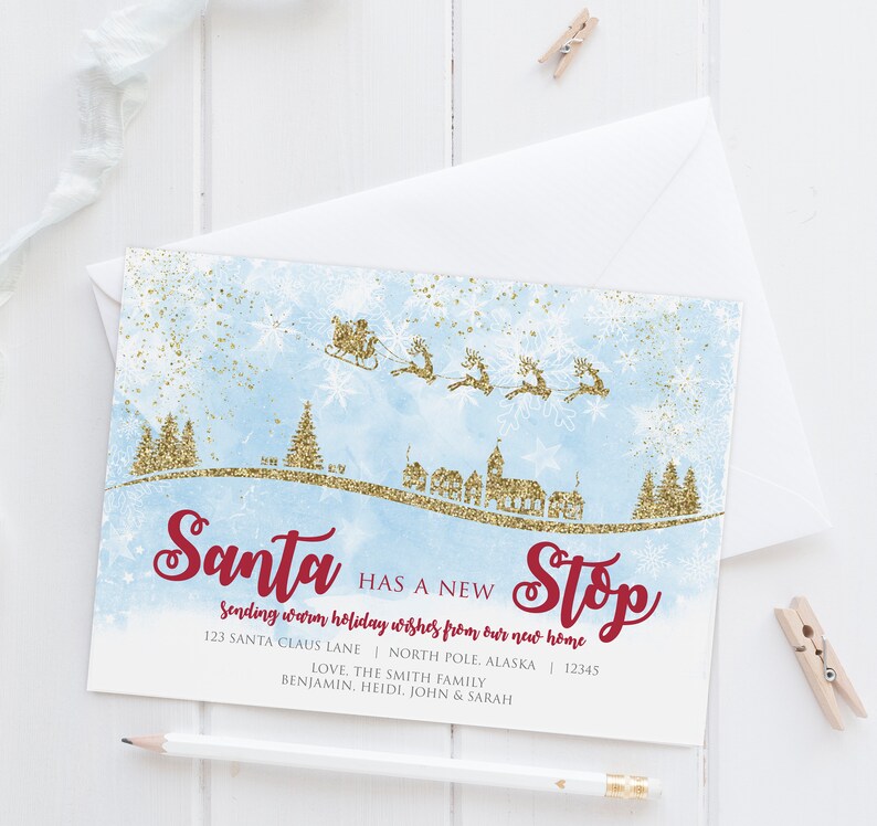 Moving announcement christmas card Santa has a new Stop Etsy