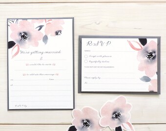 Write Your Own Sweet Posey Wedding Invitation Range, Watercolour Floral DIY Wedding Invite, RSVP, Grey and Pink Floral Invite,