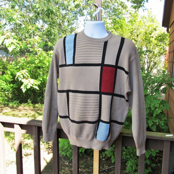 Mens Patterned Sweater, Vintage Tan Oversized Sweater, Tuscan Merino Wool Sweater, Mens Textured Sweater, Mens Size Large