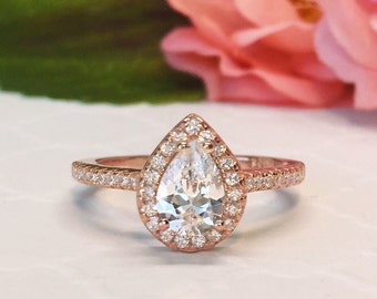 1 ctw 3/4 ct Pear Halo Engagement Ring, Classic Halo Ring, Man Made Diamond Simulants, Wedding Ring, Sterling Silver, Rose Gold Plated