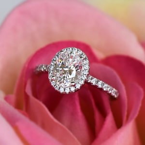Sz 7: 10k Solid White Gold 1.5 ctw Classic Oval Halo Engagement Ring, Half Eternity Oval Promise Ring, Pave Ring, Man Made Diamond Simulant