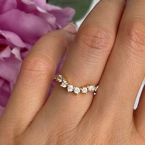 Art Deco Crescent Nesting Band, Half Eternity Tiara Contour Band, Round Man Made Diamond Simulants, Sterling Silver, Yellow Gold Plating