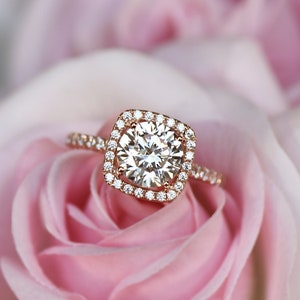 Sz 5: 10k Solid Rose Gold 2.25 ctw Classic Square Halo Engagement Ring, Bridal Vintage Style Wedding Ring, Man Made Diamond Simulant