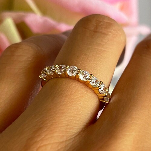 1 ctw Half shops Eternity Stacking Wedding Band, Anniversary Ring, Promise Ring, Man Made Diamond Simulant, Sterling Silver, Yellow Gold Plated