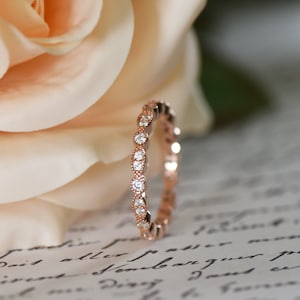 Art Deco Marquise Wedding Band Delicate Full Eternity Ring, Man Made Diamond Simulant, Sterling Silver, Rose Gold Plated, 30% Final Sale