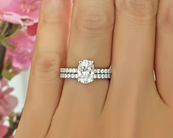 1.25 ctw Oval Accented Solitaire Bridal Set, Half Eternity Pave Band, Oval Engagement Ring, Man Made Diamond Simulants, Sterling Silver