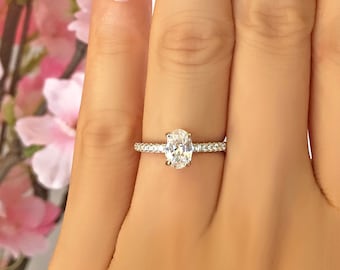 3/4 ctw Oval Accented Solitaire Engagement Ring, Half Eternity Bridal Wedding Ring, Promise Ring, Man Made Diamond Simulant, Sterling Silver