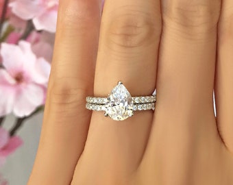 2 ctw Pear Accented Bridal Set, Pear Solitaire Engagement Ring, Half Eternity Pave Wedding Band, Man Made Diamond Simulants, Sterling Silver