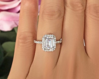 2 ctw Emerald Cut Halo Engagement Ring, Half Eternity Wedding Anniversary Ring, Man Made Diamond Simulant, Sterling Silver, 30% Final Sale