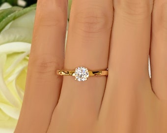 Sz 4-10: 1/2 ct Promise Ring, Round Solitaire Wedding Ring, Engagement Ring, Man Made Diamond Simulant, Sterling Silver Yellow Gold Plated