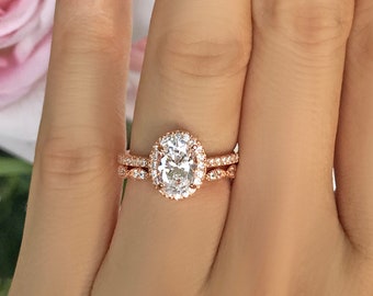 1.5 ctw Oval Halo Bridal Set, Man Made Diamond Simulants, Art Deco Wedding Band, Halo Engagement Ring, Sterling Silver, Rose Gold Plated