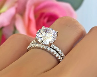 3.25 ctw Half Eternity Round Accented Solitaire Bridal Set, Round Solitaire Engagement Ring, Man Made Diamond Simulants, Sterling Silver