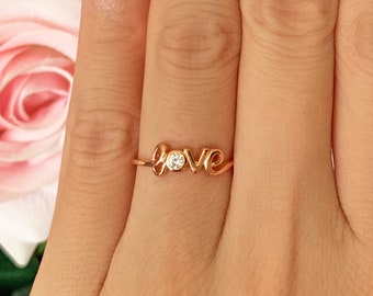 Sz 5 or 7: .1 ct Dainty Cursive Love Promise Layering Ring, Man Made Diamond Simulant, Sterling Silver, Rose Gold Plated, 50% Final Sale