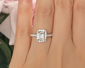 1.25 ctw Emerald Cut Halo Engagement Ring, Promise Ring, Man Made Diamond Simulant, Sterling Silver, 40% Final Sale