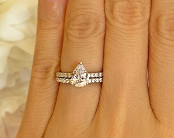 1.5 ctw Pear Accented Bridal Set, Solitaire Engagement Ring, Half Eternity Band, Bridal Ring, Man Made Diamond Simulants, Sterling Silver