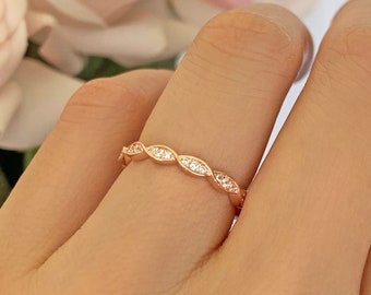 Swirl Art Deco Wedding Band, 2.5mm Stacking Layering Band, Engagement Ring, Man Made Diamond Simulants, Sterling Silver, Rose Gold Plated