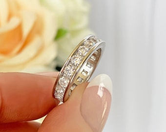 2 ctw Full Channel Set Eternity Round Wedding Band, Engagement Ring, 3mm Man Made White Diamond Simulant, Sterling Silver