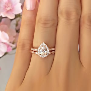 1 ctw Art Deco Halo Pear Wedding Set, Vintage Style Halo Engagement Ring, Man Made Diamond Simulants, Sterling Silver, Rose Gold Plated image 1