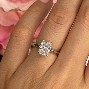 1.75 ct Classic V Style Radiant Solitaire Engagement Ring, 4 Prong Classic Solitaire Ring, Man Made Diamond Simulant, Sterling Silver