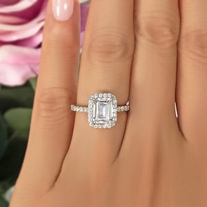 2 ctw Emerald Cut Halo Engagement Ring, Half Eternity Wedding Anniversary Ring, Man Made Diamond Simulant, Sterling Silver, 30% Final Sale