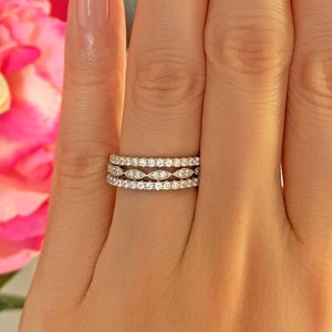 Art Deco Wedding Band and Half Eternity Three Band Stacking Ring Set, Small Engagement Ring, Man Made Diamond Simulants, Sterling Silver