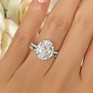 3.25 ctw Vintage Style Bridal Set, Oval Halo Ring, Man Made Diamond Simulants, Art Deco Wedding Set, Engagement Ring, Sterling Silver