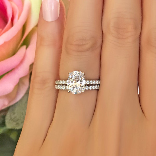 2.25 ctw Oval Accented Solitaire Bridal Set, Blake Engagement Ring, Half Eternity Wedding Band, Man Made Diamond Simulants, Sterling Silver