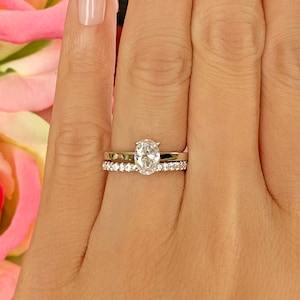 3/4 ct Classic Oval Bridal Set, 4 Prong Solitaire Ring, Half Eternity Band, Man Made Diamond Simulant, Modern Ring, Sterling Silver
