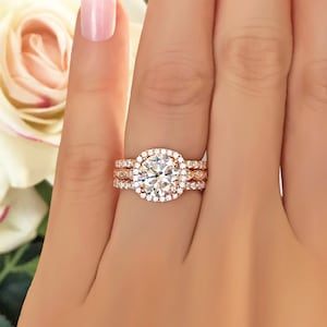 2.25 ctw Art Deco Halo Wedding Set, Halo Engagement Ring & Band, Man Made Diamond Simulant, Sterling Silver, Rose Gold Plated 40% Final Sale