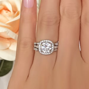 3 Band 2.25 ctw Halo Wedding Set, Vintage Inspired Bridal Rings, Man Made Diamond Simulants, Art Deco Ring, Engagement Ring, Sterling Silver