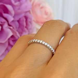 Small Half Eternity Ring, 1.5mm Wedding Band, Engagement Ring, Man Made Diamond Simulants, Bridal Ring, Round Wedding Band, Sterling Silver image 1