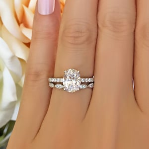 2.25 ctw Art Deco Oval Accented Solitaire Bridal Set, Engagement Ring, Art Deco Wedding Band, Man Made Diamond Simulants, Sterling Silver