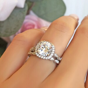 2.25 ctw Halo Bridal Set, Vintage Style Wedding Rings, Man Made Diamond Simulants, Art Deco Ring, Engagement Rings, Promise, Sterling Silver