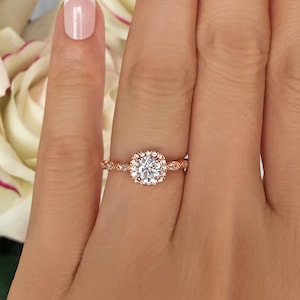 3/4 ctw Halo Promise Ring, Vintage Style Ring, Art Deco Engagement Ring, Man Made Diamond Simulants, Sterling Silver, Rose Gold Plated