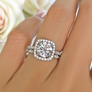 2.25 ctw Classic Square Halo Art Deco Bridal Set, Man Made Diamond Simulant, Half Eternity Halo Wedding Engagement Ring, Sterling Silver