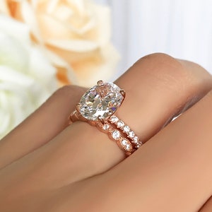 3.25 ctw Oval Accented Ring Art Deco Marquise Eternity Solitaire Bridal Set, Man Made Diamond Simulants, Sterling Silver, Rose Gold Plated