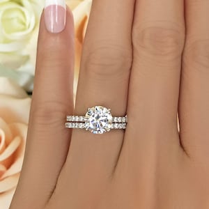 2.25 ctw 4 Prong Round Accented Solitaire Bridal Set, Pave Half Eternity Band, Engagement Ring, Man Made Diamond Simulants, Sterling Silver