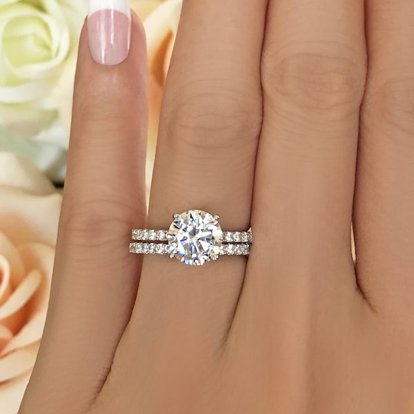 2.25 ctw 4 Prong Round Accented Solitaire Bridal Set, Pave Half Eternity Band, Engagement Ring, Man Made Diamond Simulants, Sterling Silver