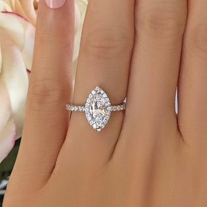 1.25 ctw Marquise Cut Halo Engagement Ring, Man Made Diamond Simulant, Half Eternity Wedding Ring, Promise Ring, Sterling Silver