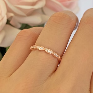 Swirl Art Deco Wedding Band, 2.5mm Stacking Layering Band, Engagement Ring, Man Made Diamond Simulants, Sterling Silver, Rose Gold Plated