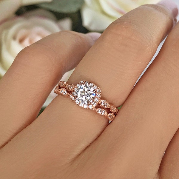 3/4 ctw Art Deco Bridal Set, Vintage Style Wedding Set, Man Made Diamond Simulants, Halo Engagement Ring, Sterling Silver, Rose Gold Plated