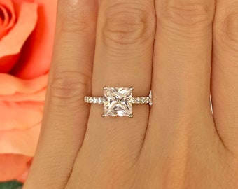 2.25 ctw Princess Accented Solitaire Engagement Ring, Wedding Ring, Man Made Diamond Simulants, Anniversary Ring, Sterling Silver