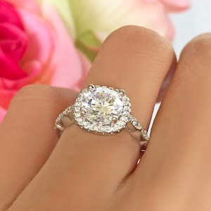 2.25 ctw Vintage Inspired Halo Engagement Ring, Man Made Diamond Simulants, Art Deco Wedding Ring, Bridal, Promise Ring, Sterling Silver