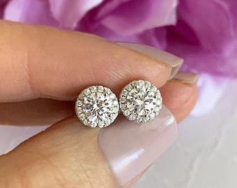 1 ctw Round 4 Prong Halo Stud Earrings, Bridal Earrings, Wedding Bridesmaid Jewelry, Man Made Diamond Simulants, Sterling Silver