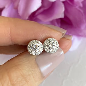 1 ctw Round 4 Prong Halo Stud Earrings, Bridal Earrings, Wedding Bridesmaid Jewelry, Man Made Diamond Simulants, Sterling Silver
