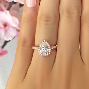 1.5 ctw Classic Pear Engagement Ring, Man Made Diamond Simulants, Halo Wedding Ring, Promise Ring, Sterling Silver, Rose Gold Plated