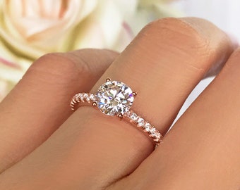 1.25 ctw Round Accented Solitaire Engagement Promise Ring, Man Made Diamond Simulants, Sterling Silver, Rose Gold Plated, 50% Final Sale