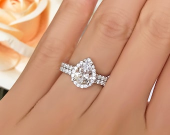 1.5 ctw Classic Pear Halo Engagement Ring, Wedding Set, Man Made Diamond Simulants, Half Eternity Ring, Sterling Silver, Anniversary Ring